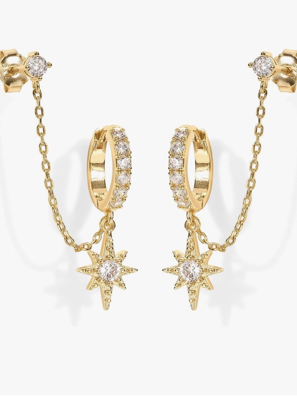 Anthropologie Gold Plated Starburst Chain Huggie Earrings with Clear Crystals